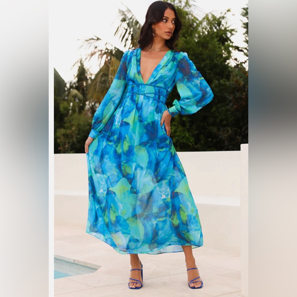 Blue/Green deep v cut Maxi Dress NWT